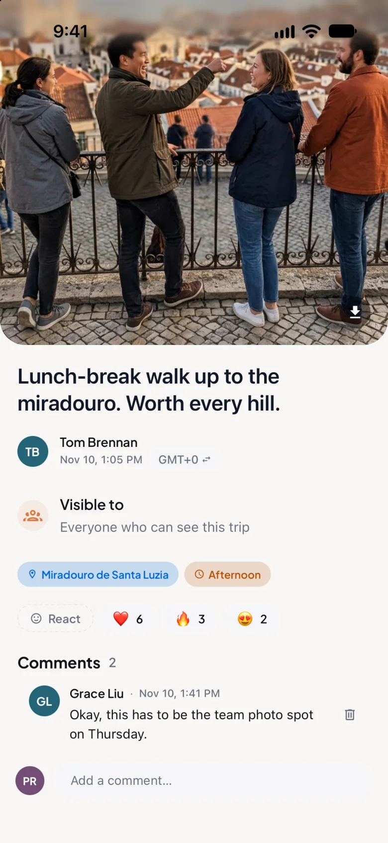 A moment posted to the offsite's Journal in Trip7: colleagues at a Lisbon viewpoint over the rooftops, with reactions and a teammate's comment.